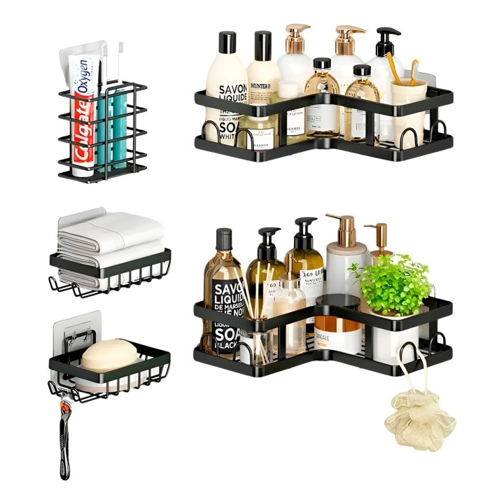 Set Organizador Baño Cocina Esquinero Adhesivo Negro 5 Pcs