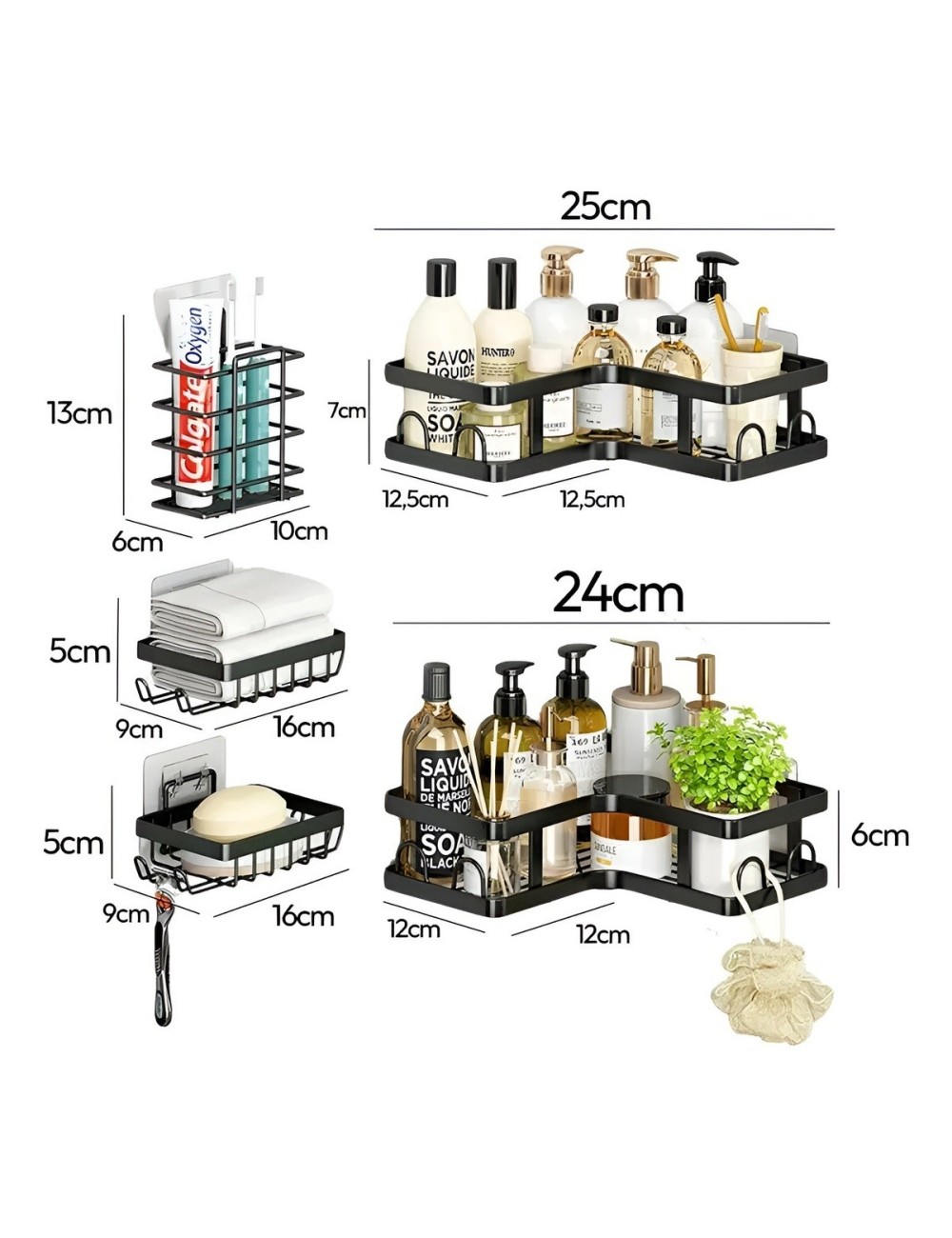 Set Organizador Baño Cocina Esquinero Adhesivo Negro 5 Pcs