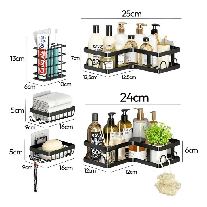 Set Organizador Baño Cocina Esquinero Adhesivo Negro 5 Pcs