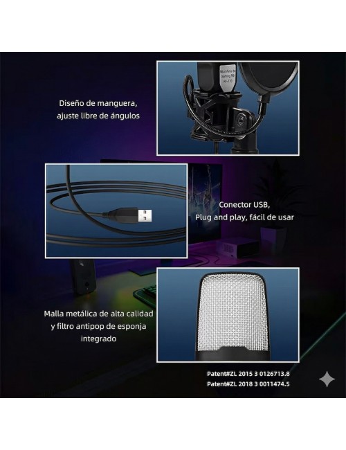 Micrófono Gaming Sf-666r Rgb Condensador Usb Pc