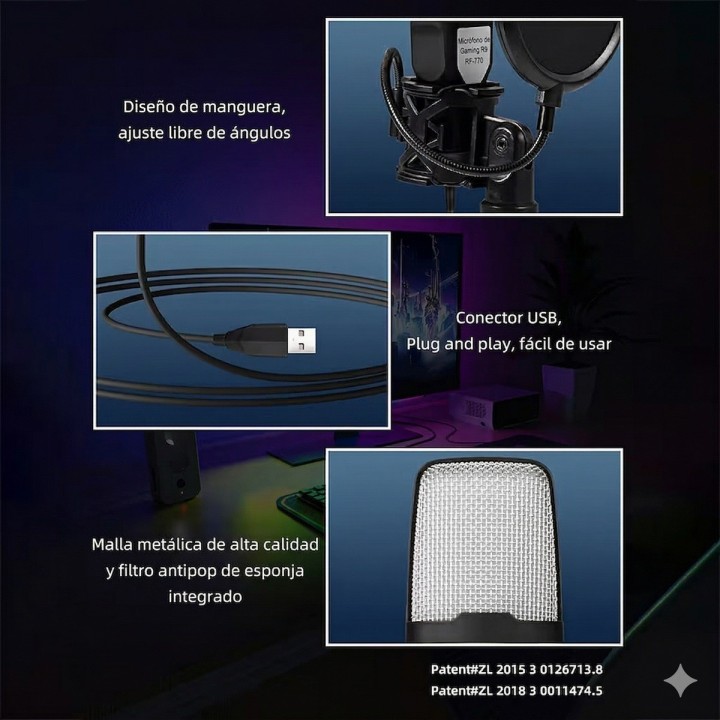 Micrófono Gaming Sf-666r Rgb Condensador Usb Pc