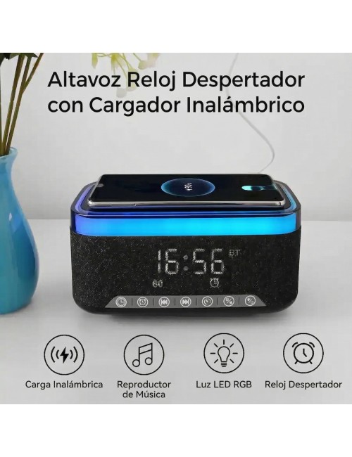 Parlante Reloj Despertador Cargador Inalámbrico 15w Luz Led