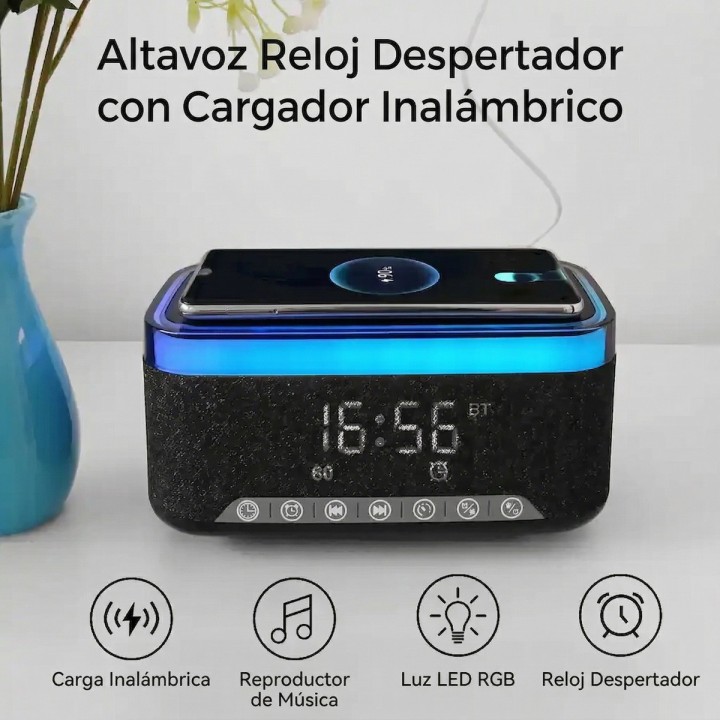 Parlante Reloj Despertador Cargador Inalámbrico 15w Luz Led