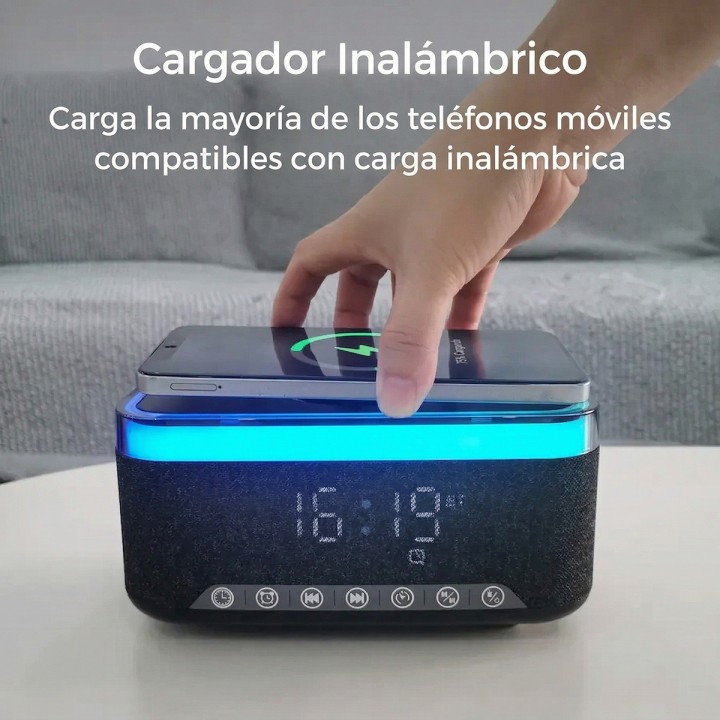 Parlante Reloj Despertador Cargador Inalámbrico 15w Luz Led