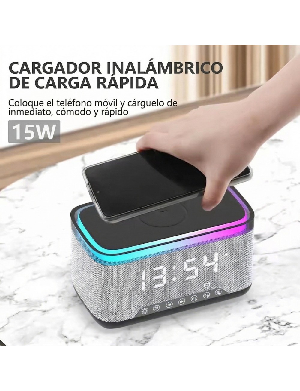 Parlante Reloj Despertador Cargador Inalámbrico 15w Luz Led