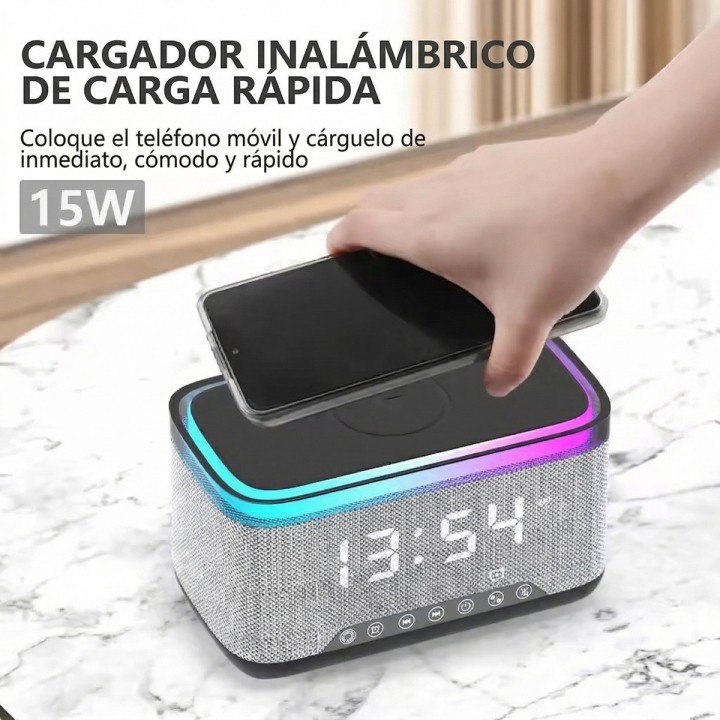 Parlante Reloj Despertador Cargador Inalámbrico 15w Luz Led