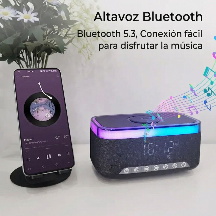 Parlante Reloj Despertador Cargador Inalámbrico 15w Luz Led