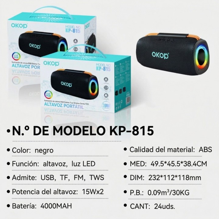 Parlante Bluetooth Potente Kp-815 Luces Rgb 30w Tws