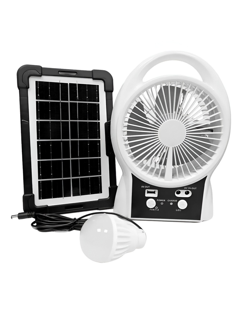Ventilador Recargable Solar Portatil Con Lampara Led Y Bulbo