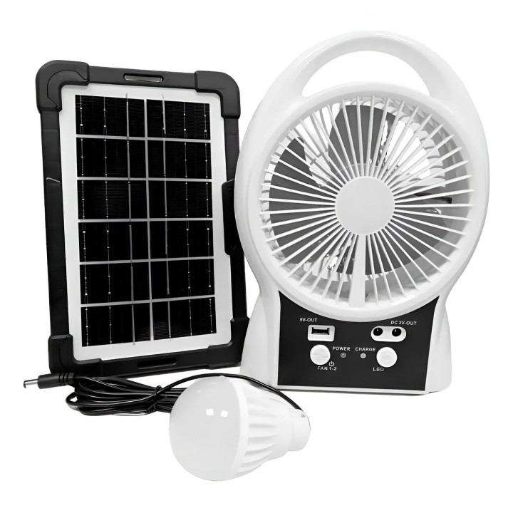Ventilador Recargable Solar Portatil Con Lampara Led Y Bulbo