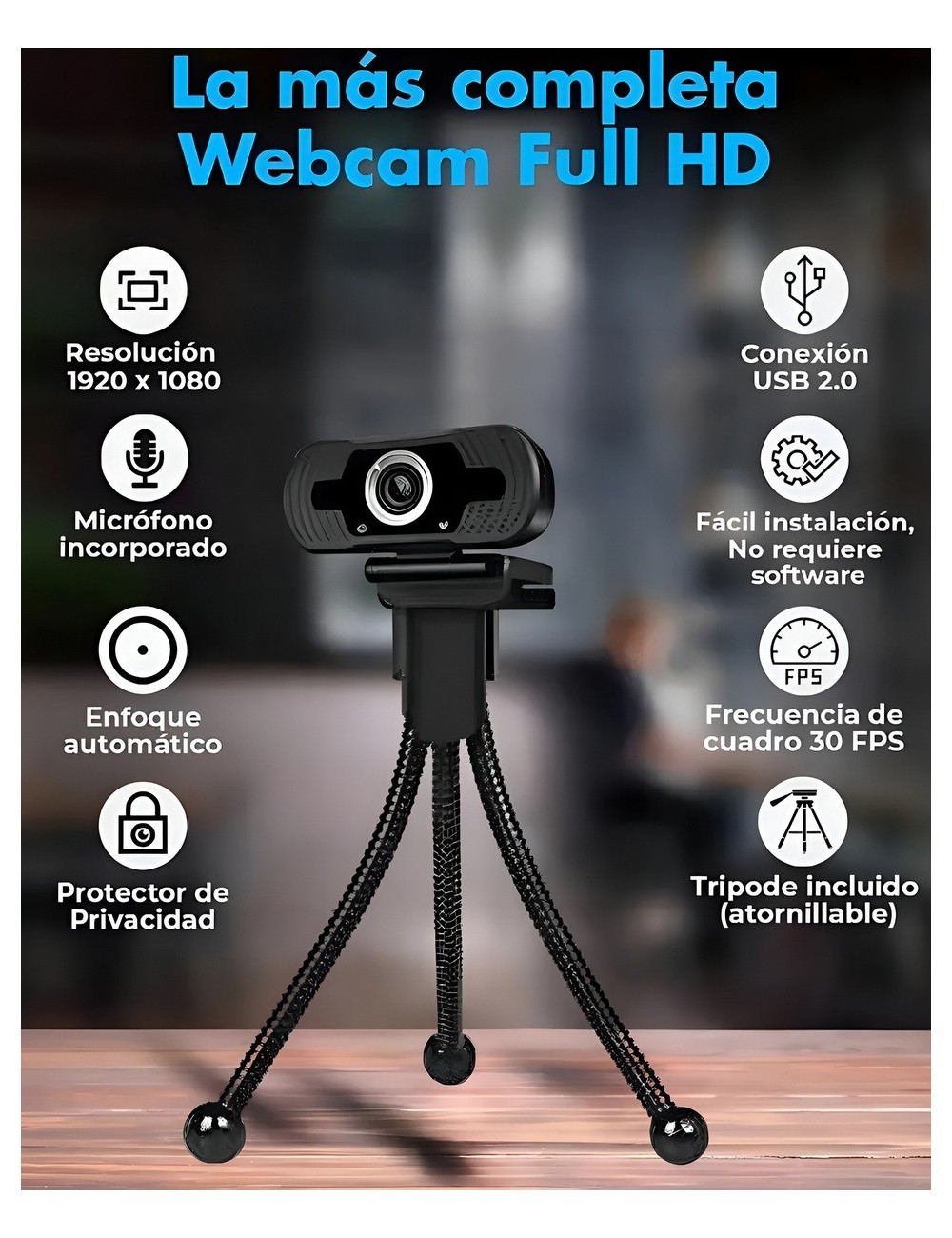 Cámara Web 2k Full Hd Micrófono Trípode Enfoque Automático