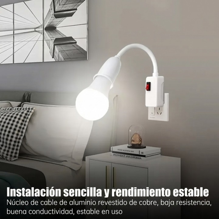 Soporte Rosca E27 Flexible + Interruptor Para Enchufe Pared