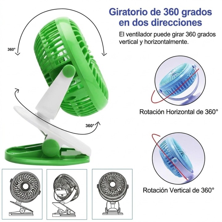 Ventilador Recargable Usb Portátil Con Clip Rotación 360°