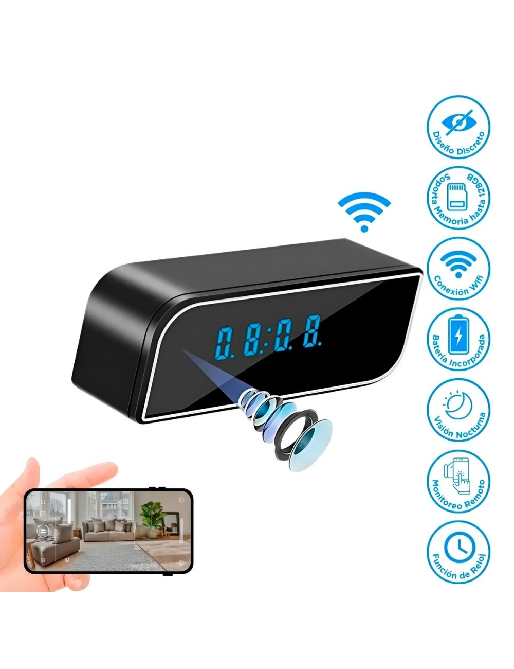 Reloj Despertador Camara Espia Wifi Full Hd Vision Nocturna