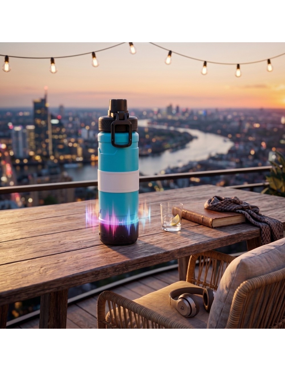 Termo Botella Deportiva 650ml Parlante Bluetooth Luz Led
