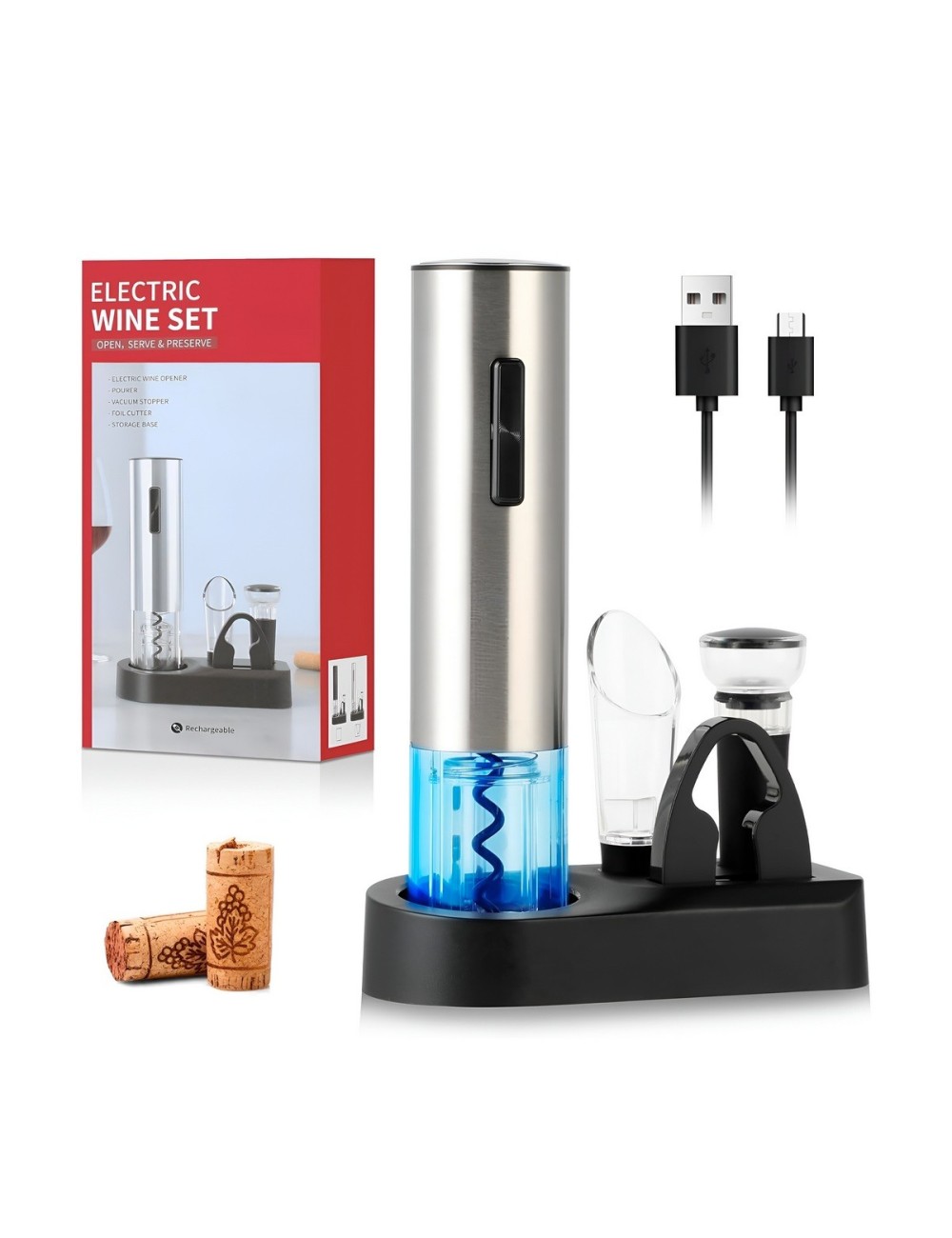 Kit Abridor De Vino Eléctrico Recargable Sacacorchos 4 En 1