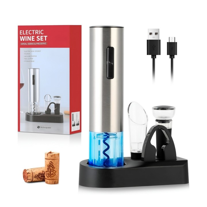Kit Abridor De Vino Eléctrico Recargable Sacacorchos 4 En 1
