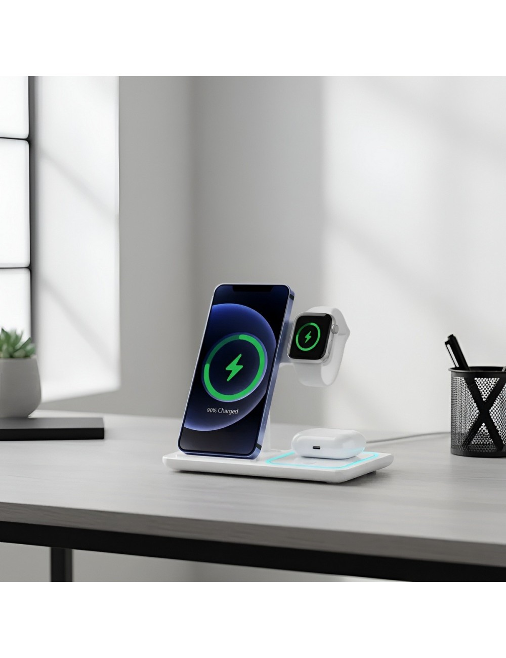 Cargador Inalambrico 3 En 1 Estacion Celular Reloj Audifono