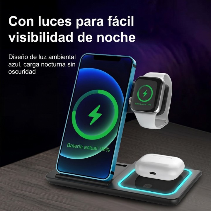 Cargador Inalambrico 3 En 1 Estacion Celular Reloj Audifono