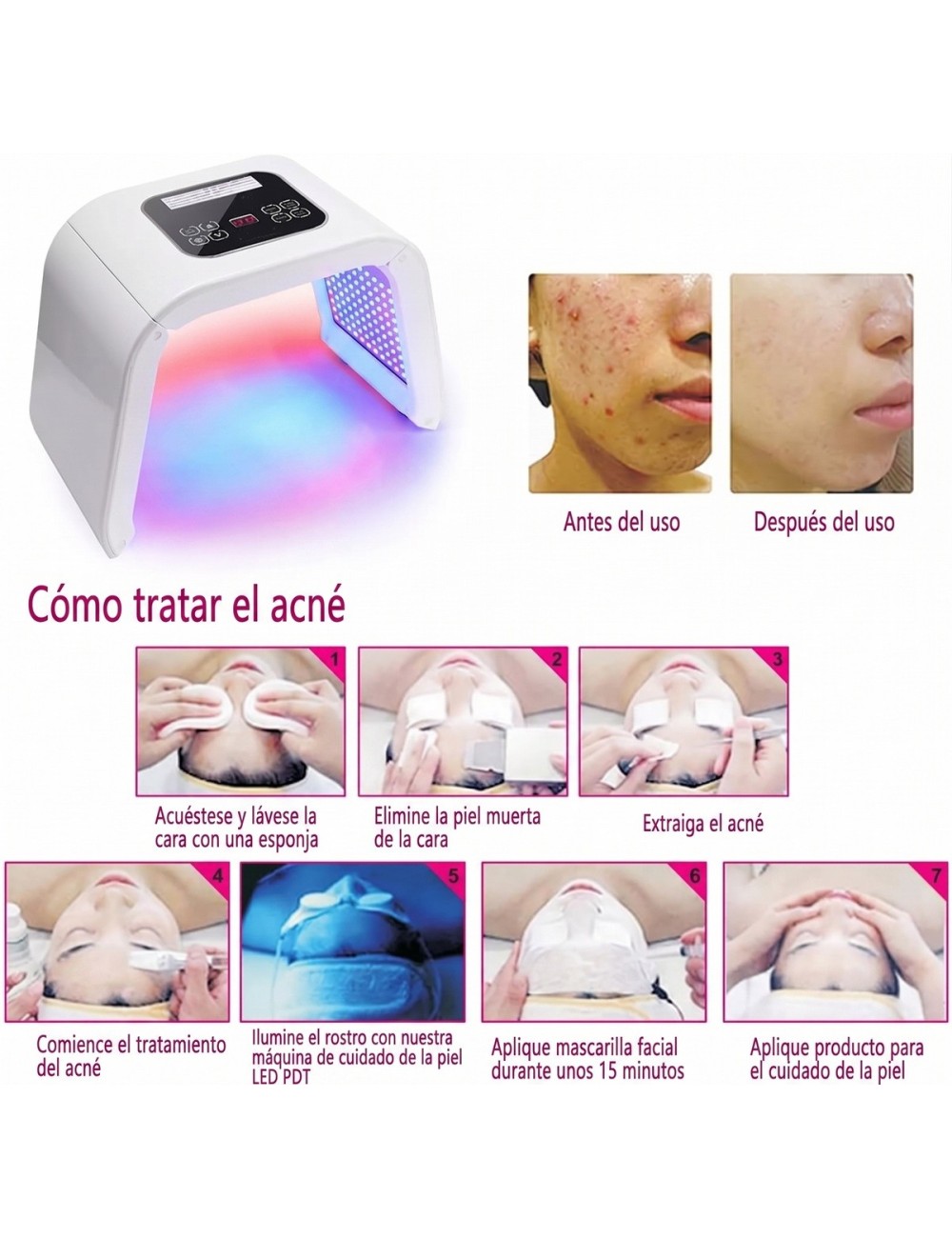 Lámpara Led Fototerapia Facial 7 Colores Pdt Cabina Estética