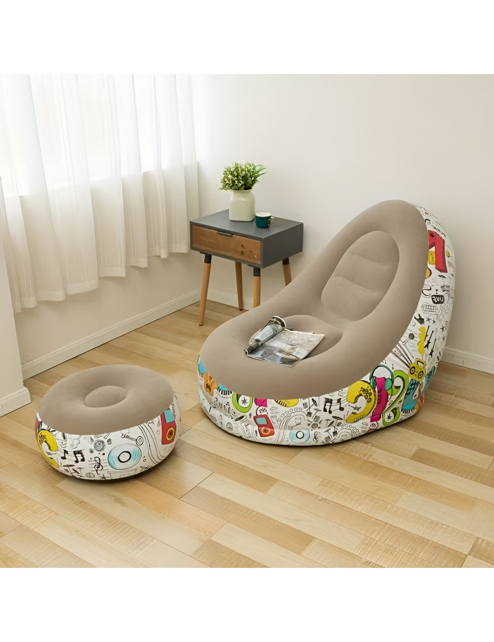 Sillón Inflable Con Puf Diseño Graffiti Cómodo Para Interior