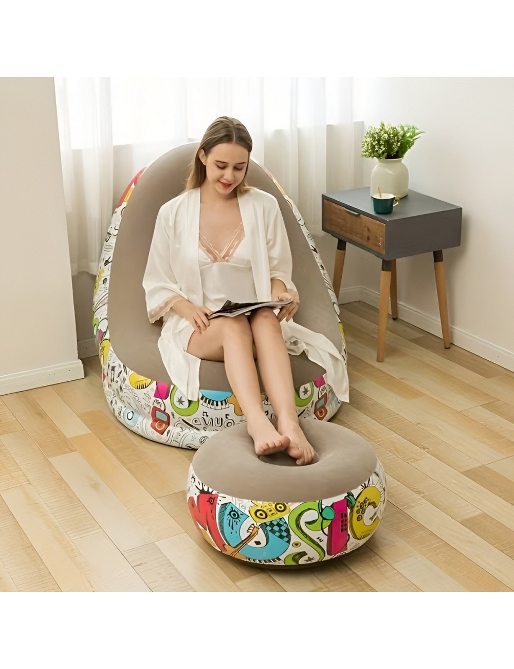 Sillón Inflable Con Puf Diseño Graffiti Cómodo Para Interior