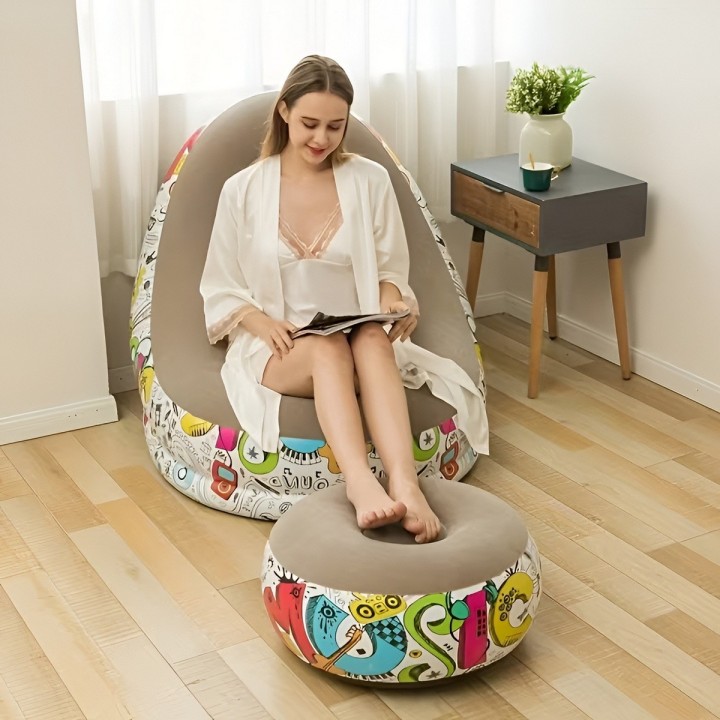 Sillón Inflable Con Puf Diseño Graffiti Cómodo Para Interior