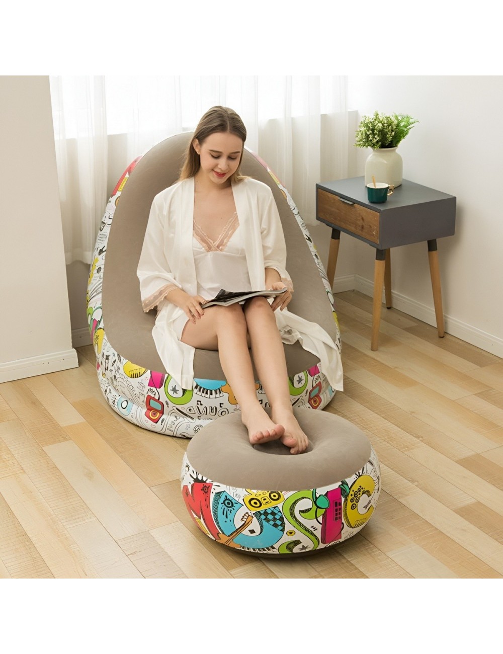 Sillón Inflable Con Puf Diseño Graffiti Cómodo Para Interior