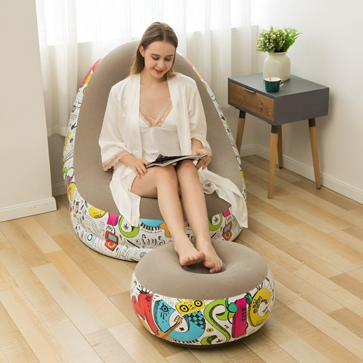 Sillón Inflable Con Puf Diseño Graffiti Cómodo Para Interior