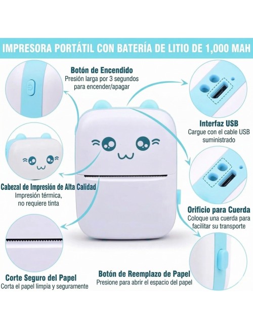 Mini Impresora Térmica Portátil Bluetooth Gato 10 Rollos