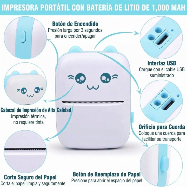 Mini Impresora Térmica Portátil Bluetooth Gato 10 Rollos