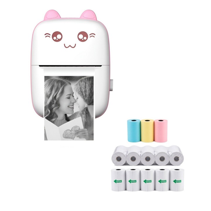 Mini Impresora Térmica Portátil Bluetooth Gato 10 Rollos