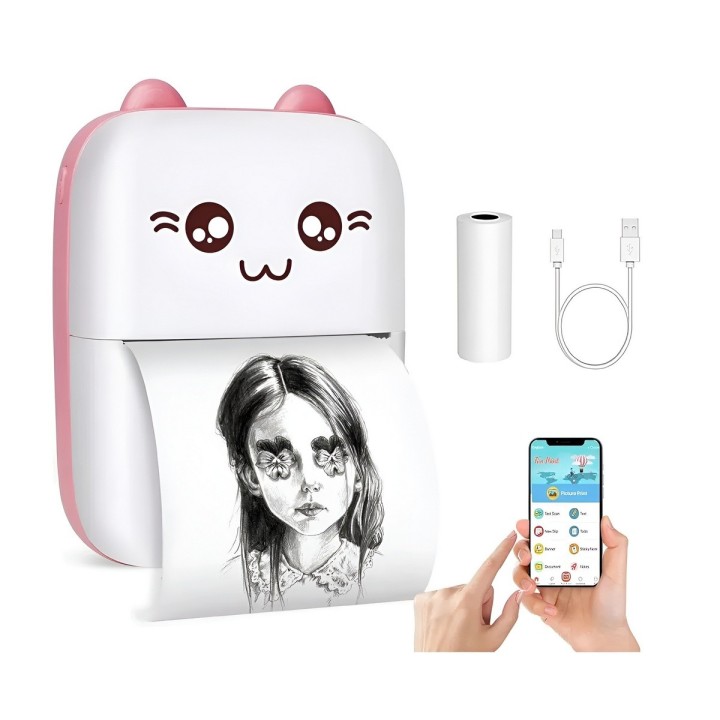 Mini Impresora Térmica Portátil Bluetooth Gato 10 Rollos