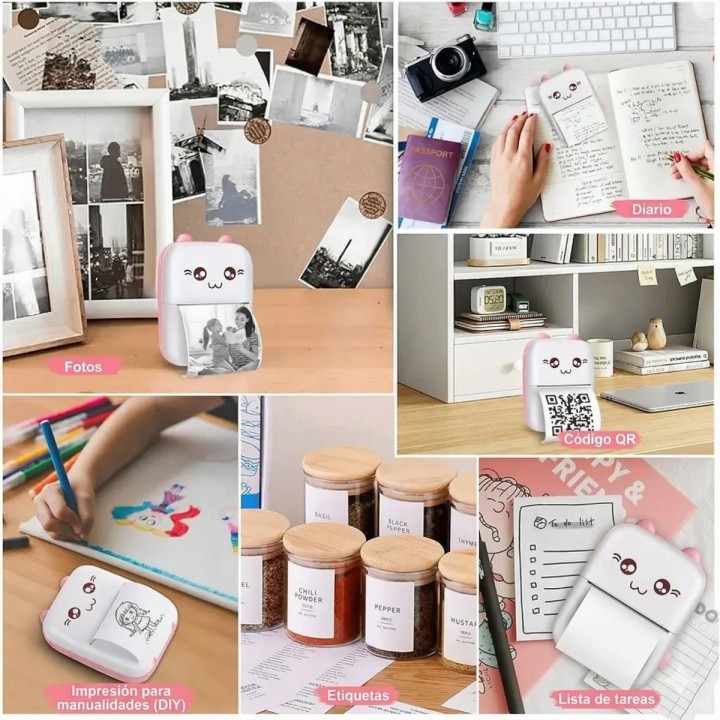 Mini Impresora Térmica Portátil Bluetooth Gato 10 Rollos