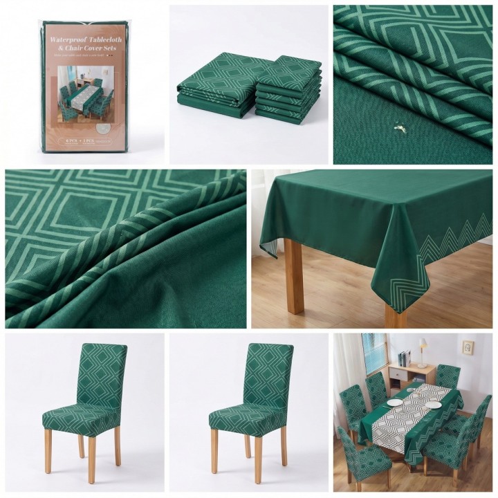 Set Mantel Antimanchas 140x220 + 6 Forros Sillas Elásticos