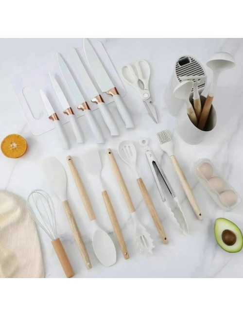 Set Utensilios Cocina 19 Pzas Silicona Cuchillos Tabla Base