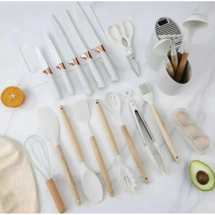 Set Utensilios Cocina 19 Pzas Silicona Cuchillos Tabla Base