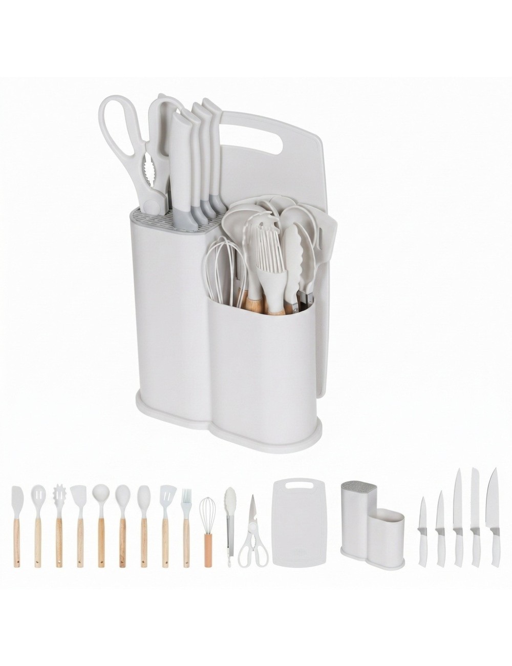 Set Utensilios Cocina 19 Pzas Silicona Cuchillos Tabla Base