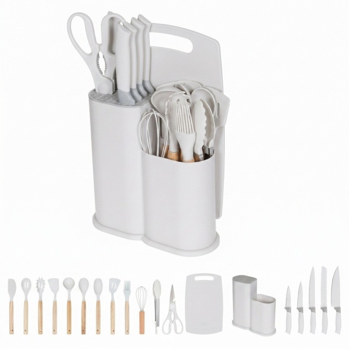 Set Utensilios Cocina 19 Pzas Silicona Cuchillos Tabla Base