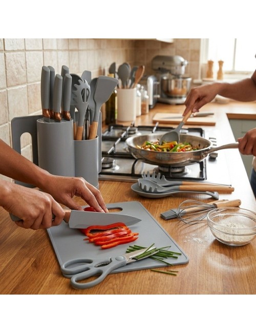 Set Utensilios Cocina 19 Pzas Silicona Cuchillos Tabla Base