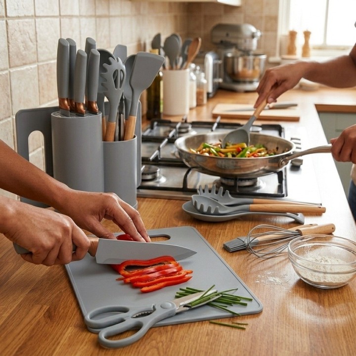 Set Utensilios Cocina 19 Pzas Silicona Cuchillos Tabla Base