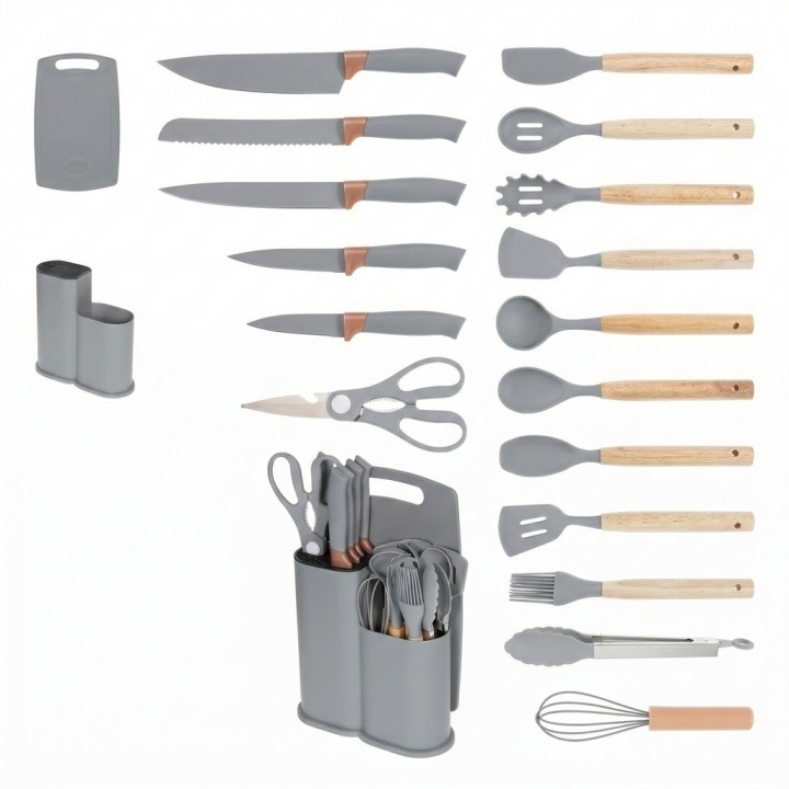 Set Utensilios Cocina 19 Pzas Silicona Cuchillos Tabla Base