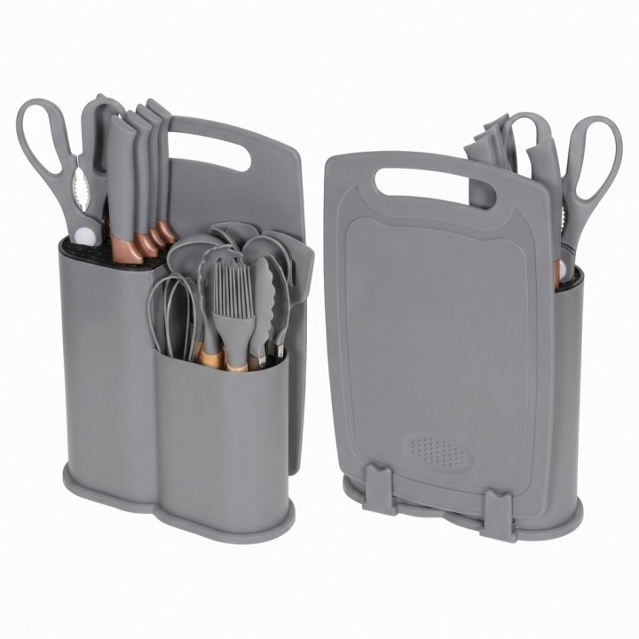 Set Utensilios Cocina 19 Pzas Silicona Cuchillos Tabla Base