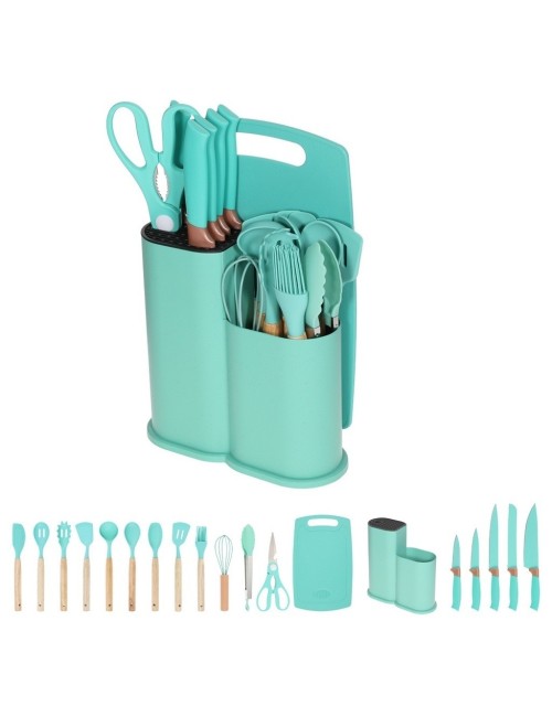 Set Utensilios Cocina 19 Pzas Silicona Cuchillos Tabla Base
