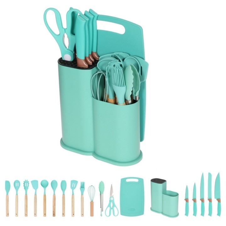 Set Utensilios Cocina 19 Pzas Silicona Cuchillos Tabla Base