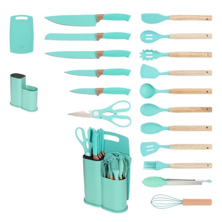 Set Utensilios Cocina 19 Pzas Silicona Cuchillos Tabla Base
