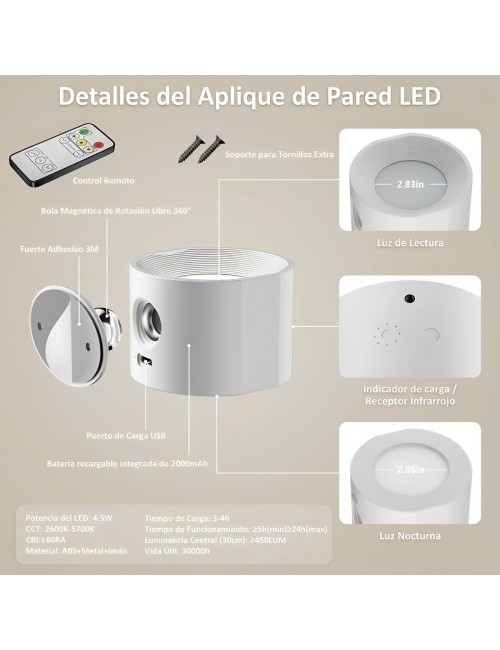 Lámpara Pared Led Magnética Recargable Con Control Remoto