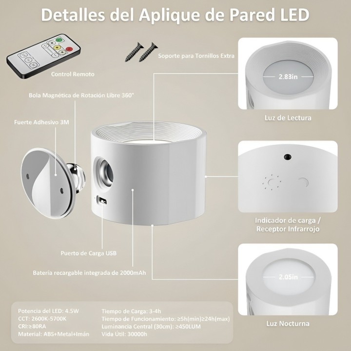 Lámpara Pared Led Magnética Recargable Con Control Remoto