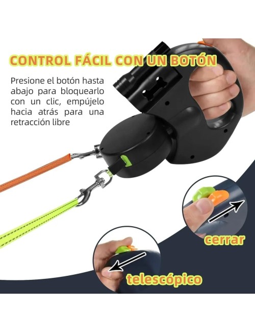 Correa Retráctil Doble Perro Luz Led 3m Anti Enredos 360°