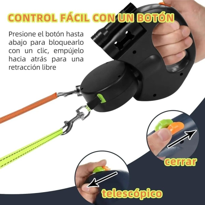 Correa Retráctil Doble Perro Luz Led 3m Anti Enredos 360°